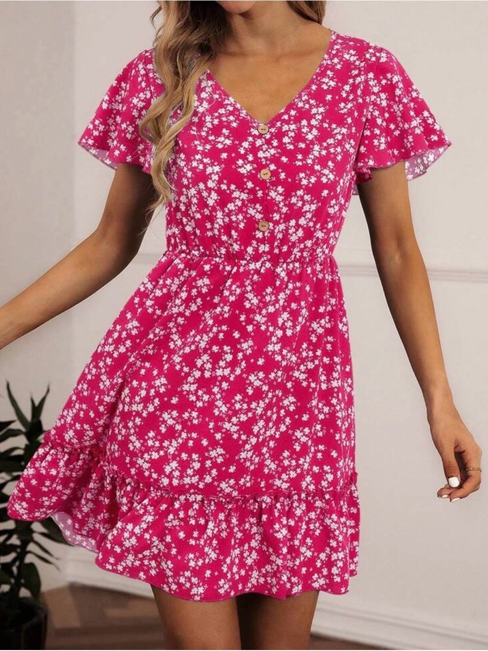 Women's Pink Floral Button-Front Summer Dress